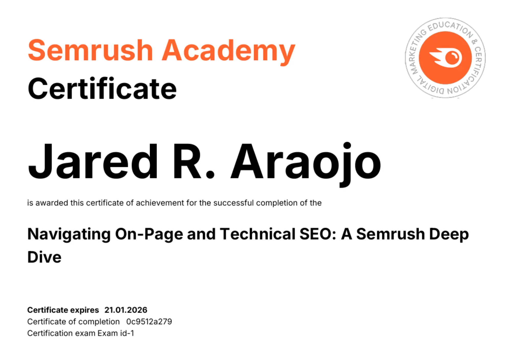 On-Page and Technical SEO certificate